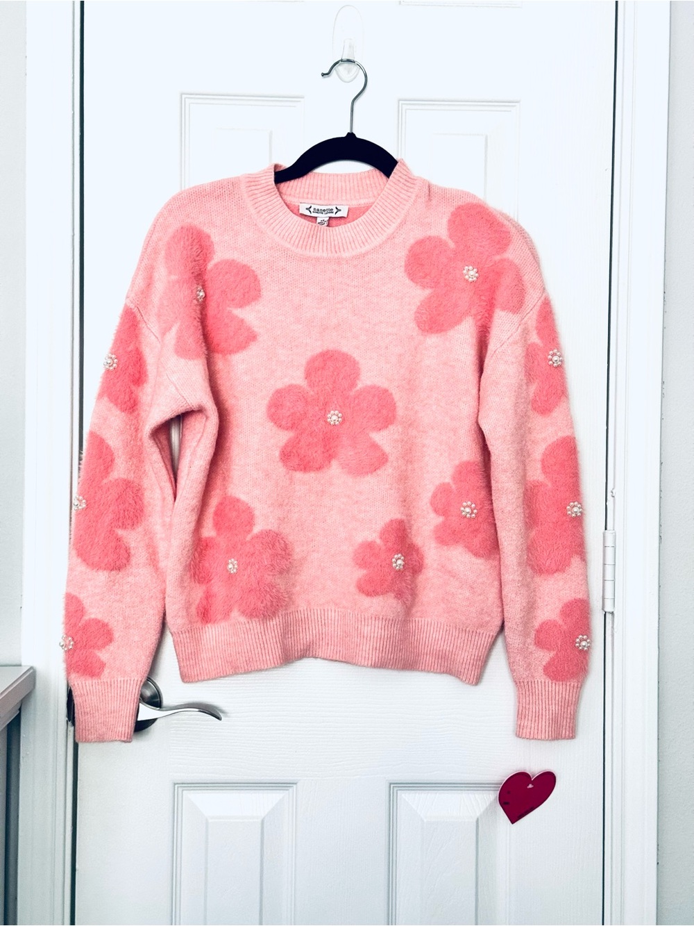 Nanette Lepore Coral Pink Coquette Mod Floral Fuzzy Sweater XS